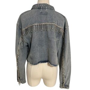 Rhinestone Fringe Denim Jacket Jeans Festival Stagecoach Country‎ Concert Size L